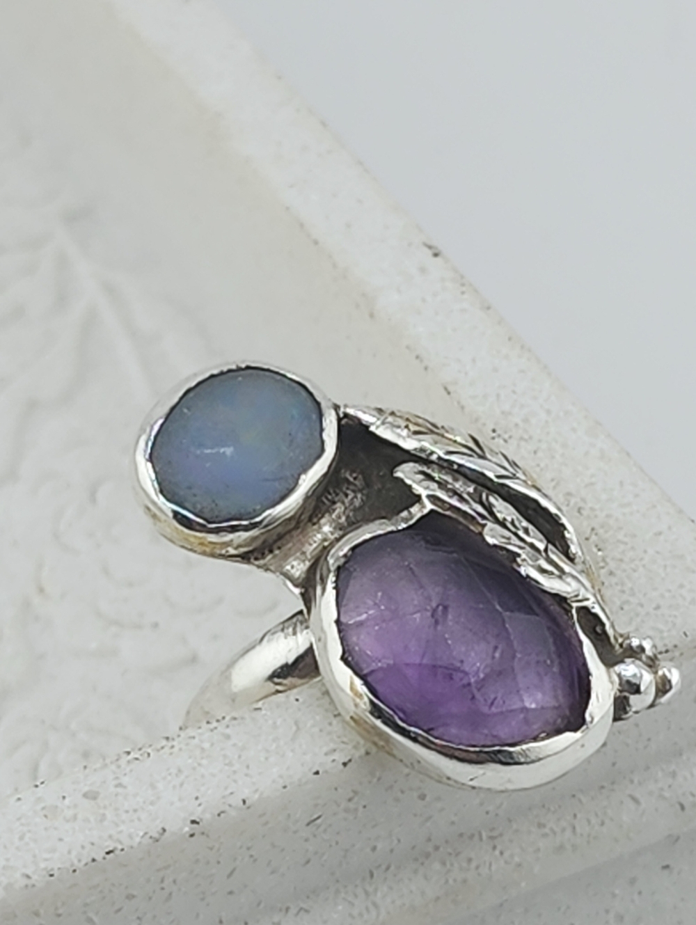 OPAL & AQUAMARINE HANDMADE RING IN STERLING SILVER SZ 8.5 - Picture 11 of 11